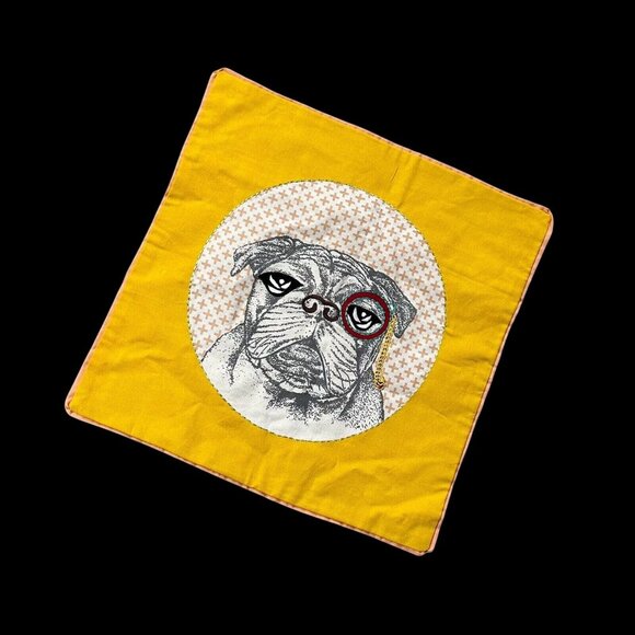Handmade Other - Decorative Bulldog Monocle Pillow Cover Yellow Cotton Kitschy Embroidered Dog
